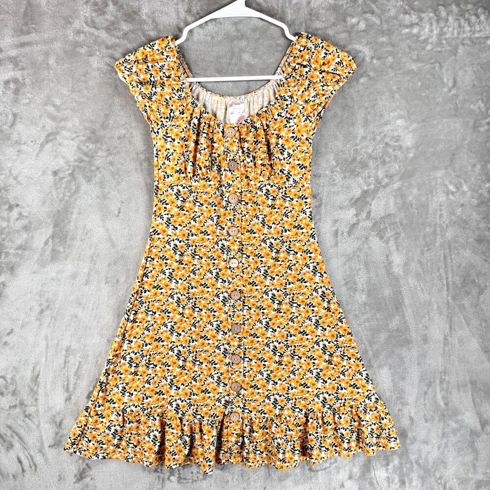 No Boundaries Juniors XS Yellow Floral Button Down Ruffle Mini Dress Cottagecore